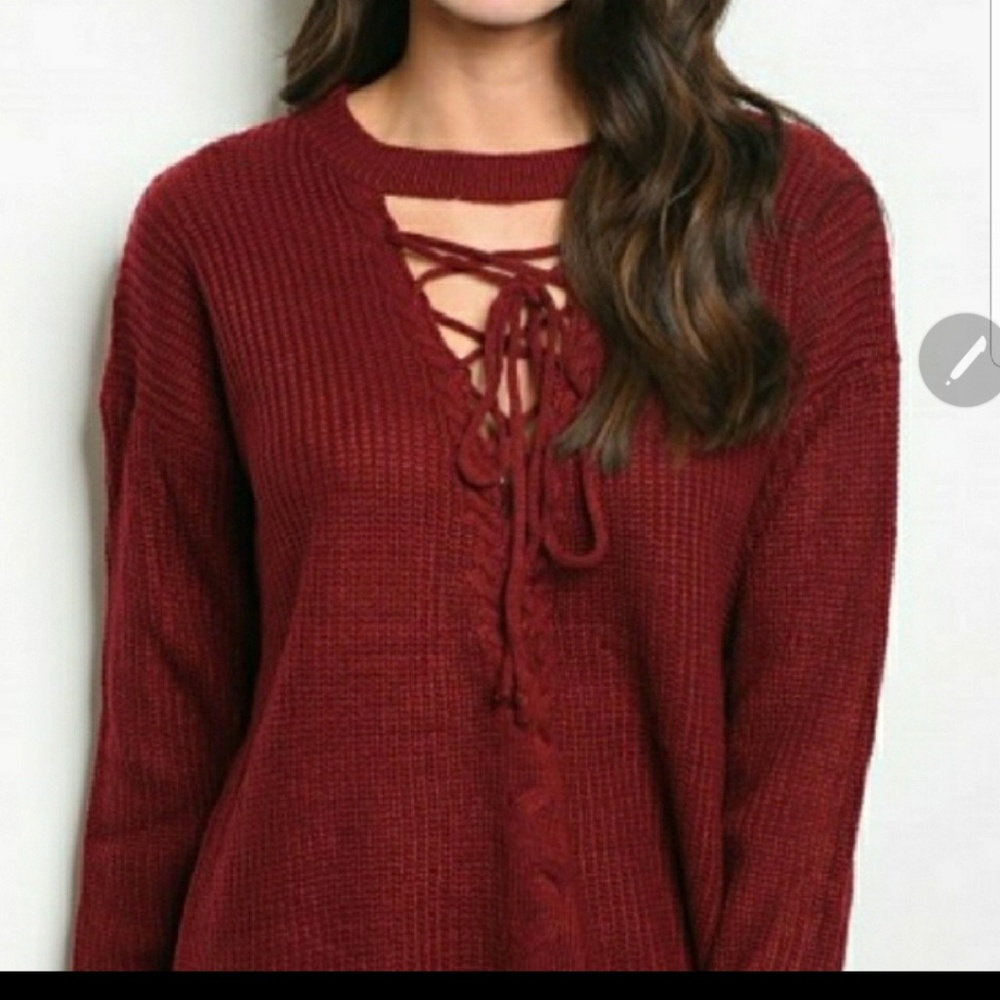 Tantalyzn Apparel Burgundy Lace-Up Sweater - Picture 4 of 4